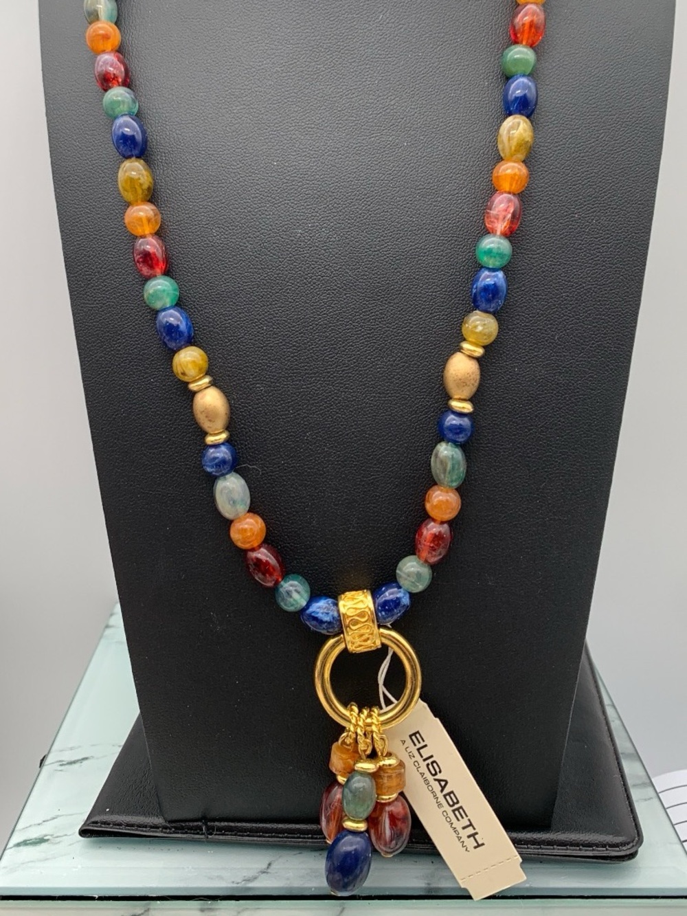 Vintage NOS Liz Claiborne Multicolor Beaded Necklace with Gold tone Accents 32”